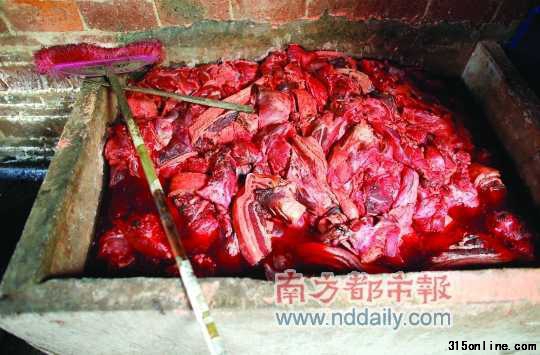前日,黑作坊內(nèi),腐爛發(fā)黑的豬肉浸泡在發(fā)臭的水池中。 南都記者 陳輝 攝 前日,黑作坊內(nèi),腐爛發(fā)黑的豬肉浸泡在發(fā)臭的水池中。 南都記者 陳輝 攝